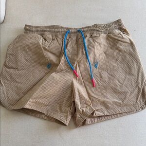 Off-White Tan Checkered Shorts with Blue and Pink Details